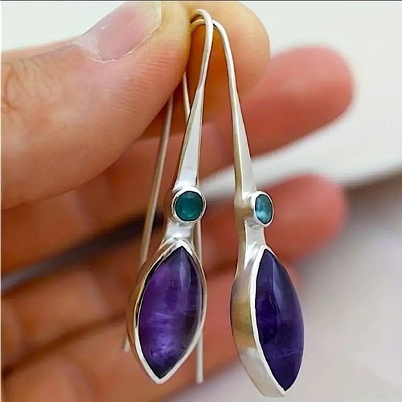 Boho Purple Zircon Hook Dangle Earrings - Picture 1 of 6